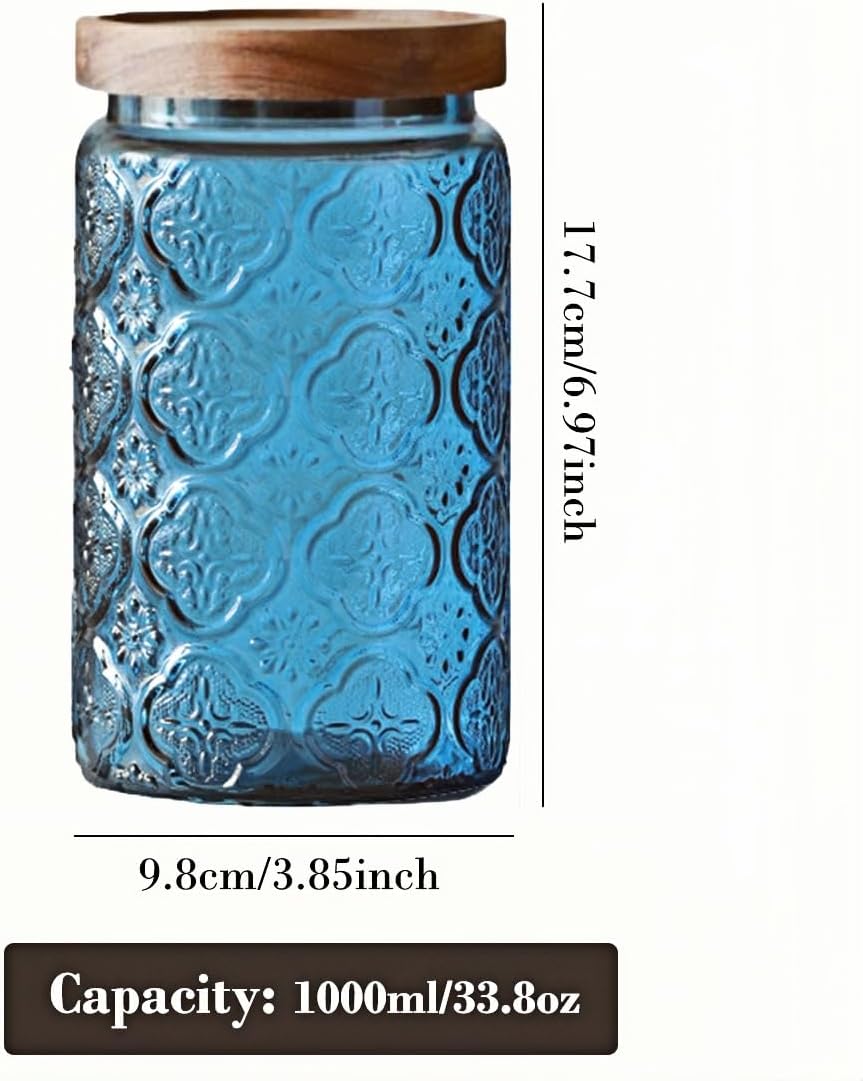 ANSQU Vintage Glass Jar with Lid, Decorative Canister for Kitchen Storage, Coffee, Candy, Laundry Detergent, Begonia Flower Design, Cute Food Storage Jar for Home & Kitchen (Blue 2, 34 Ounces)