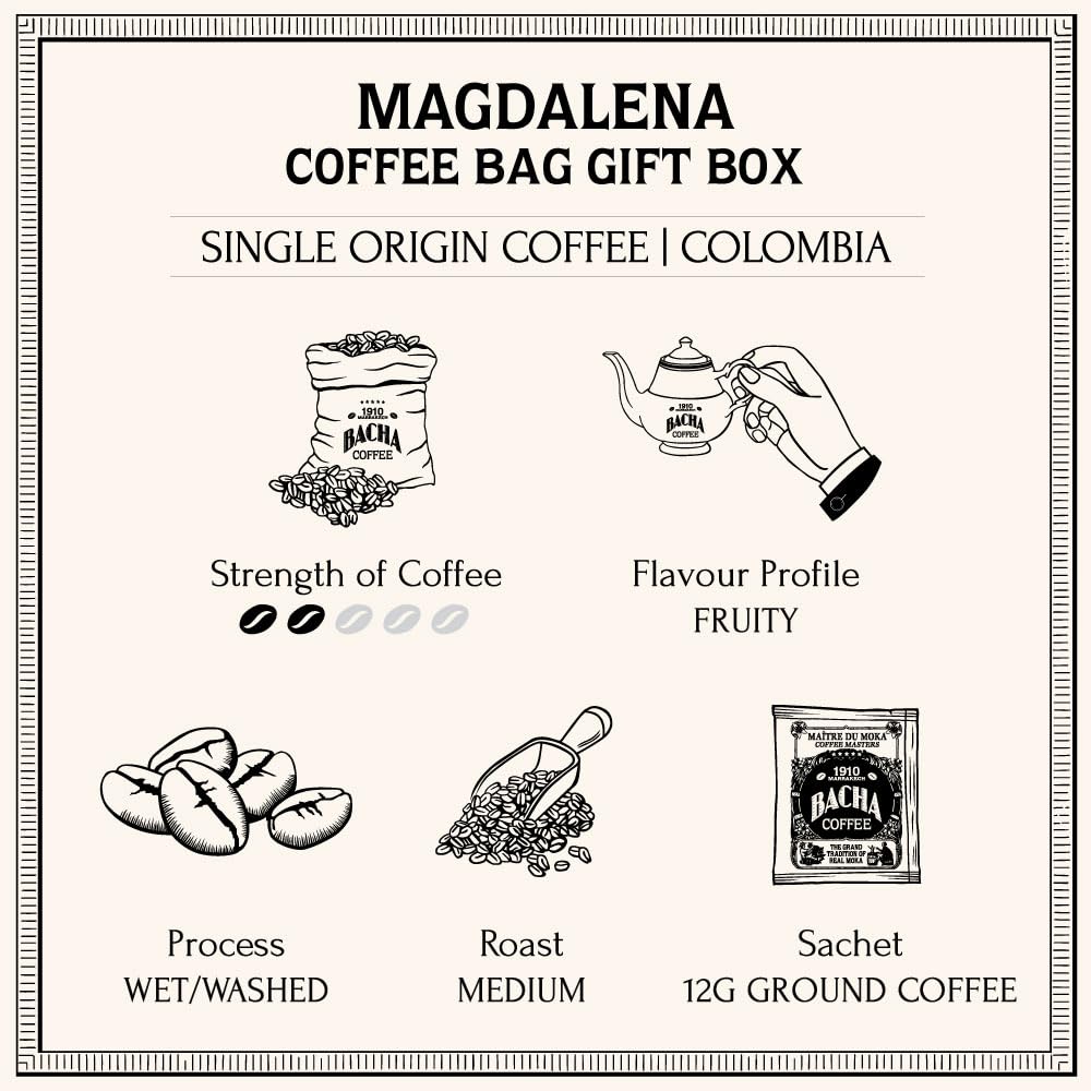 Bacha Coffee | Magdalena Colombia Single Origin, Medium Roast, 100% Arabica Specialty Coffee, 12 Coffee Drip Bags, Gift Box