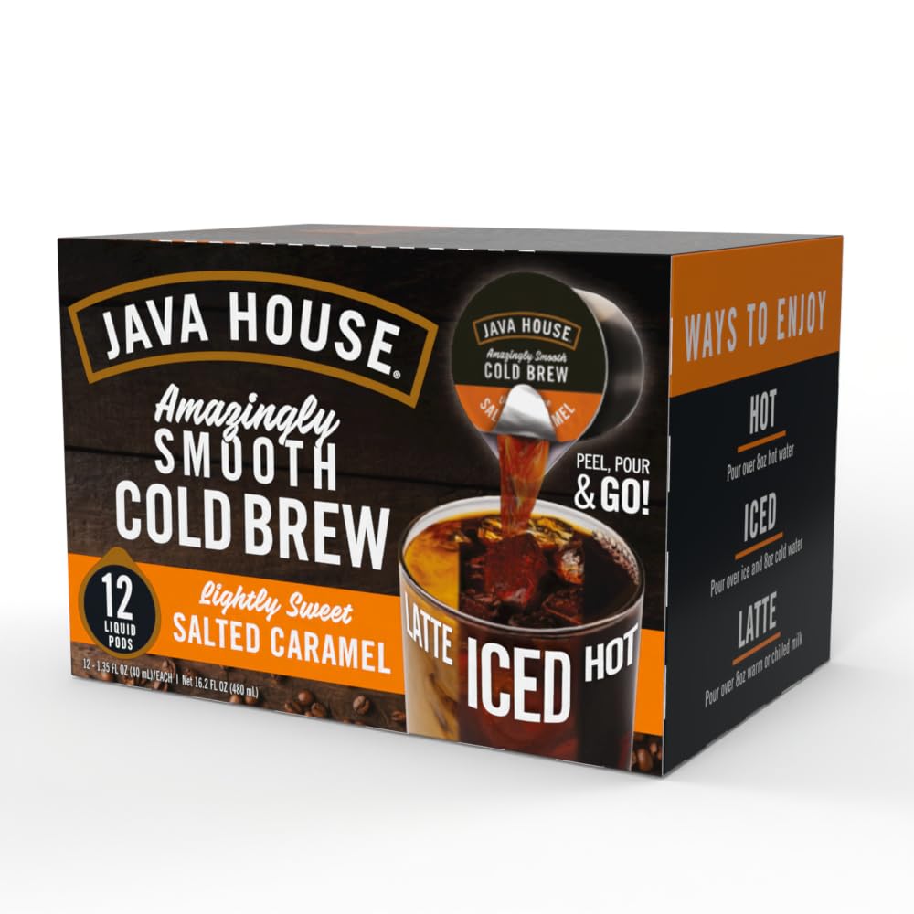Java House Single-Serve Cold Brew Coffee Pods – Lightly Sweetened Salted Caramel – 100% Arabica – 12 Pods – Shelf Stable, Ready Hot or Iced, Travel-Friendly, TSA Approved