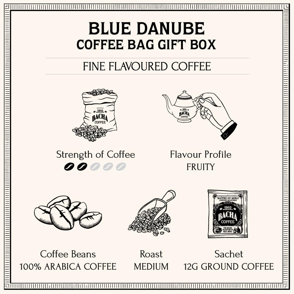 Bacha Coffee | Blue Danube Fine Flavoured, Medium Roast, 100% Arabica Specialty Coffee, 12 Coffee Drip Bags, Gift Box