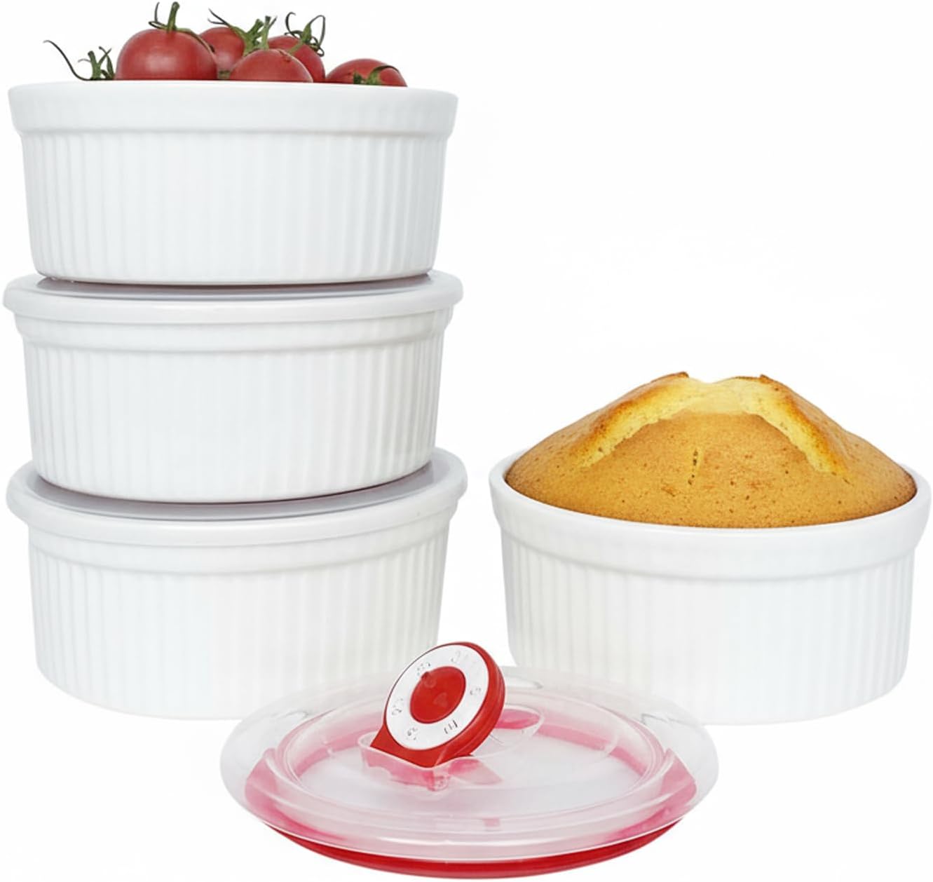 10 oz Ceramic Creme Brulee Ramekins Oven Safe, Small Souffle Ramekins with Lids, Mini Ramekin Set with Covers Set of 4, Pudding Custard Cups Ramiken for Baking, Meal Prep, Picnic, Camping