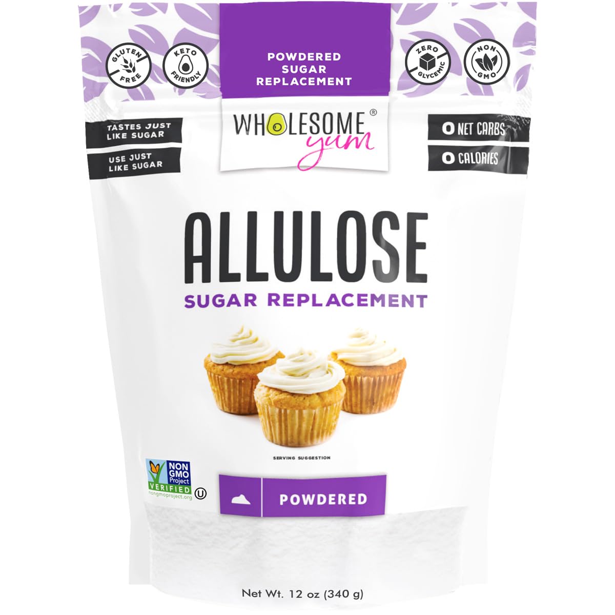 Wholesome Yum Powdered Allulose Sweetener - Natural Keto Powdered Sugar Substitute - Non GMO, Zero Carb, 0 Calorie, Sugar Free, No Aftertaste, Tummy Friendly - Confectioners Sugar Replacement (12 oz)