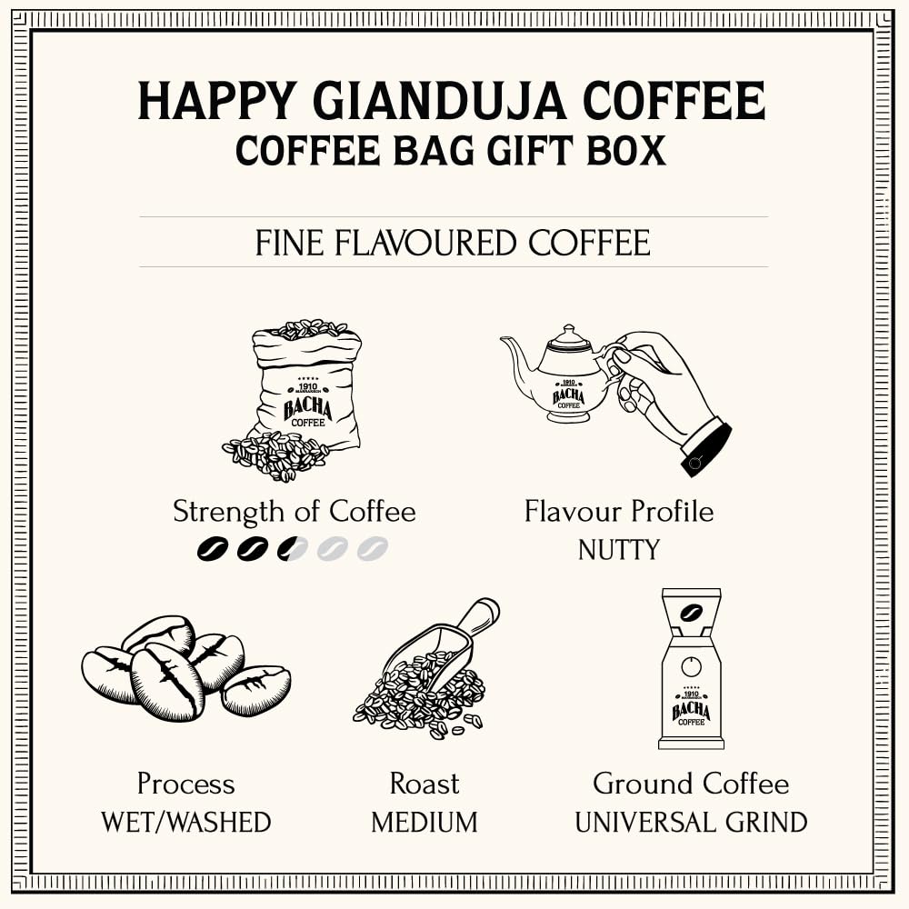 Bacha Coffee | Happy Gianduja Fine Flavoured, Medium Roast, 100% Arabica Specialty Coffee, 12 Coffee Drip Bags, Gift Box