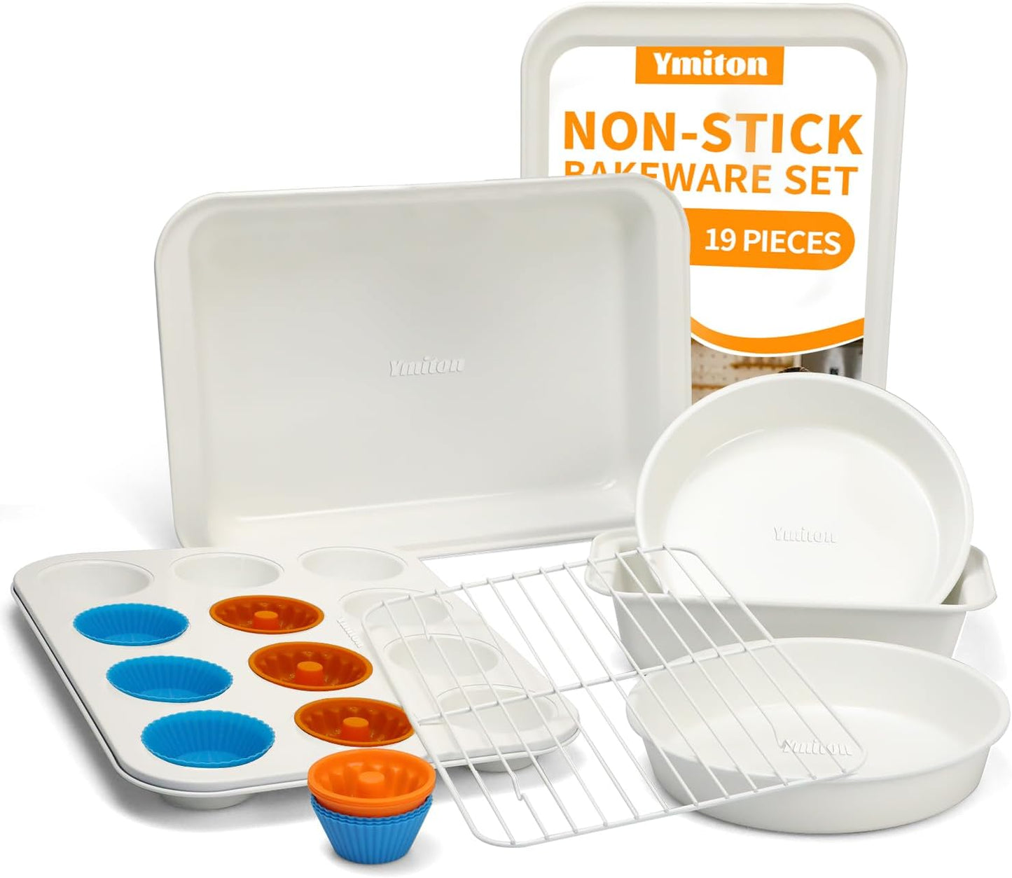 Nonstick Baking Pans Set, 19 PCS Stackable Bakeware Sets, Oven Pan Set Includes Baking Tray, Cookie Sheet, Cake Pans, Loaf Pan, Muffin Pan, Silicone Cups