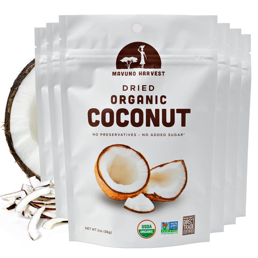 Mavuno Harvest Coconut Chips Dried Fruit Snack | Unsweetened Organic Dried Coconut Strips | Gluten Free Snack | Healthy Snacks for Kids and Adults | Vegan, Non GMO, Direct Trade | 2 Ounce, Pack of 6