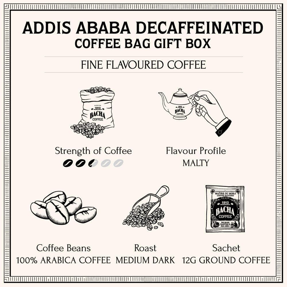 Bacha Coffee | Addis Ababa Decaf Fine Flavoured, Medium Roast, 100% Arabica Specialty Coffee, 12 Coffee Drip Bags, Gift Box