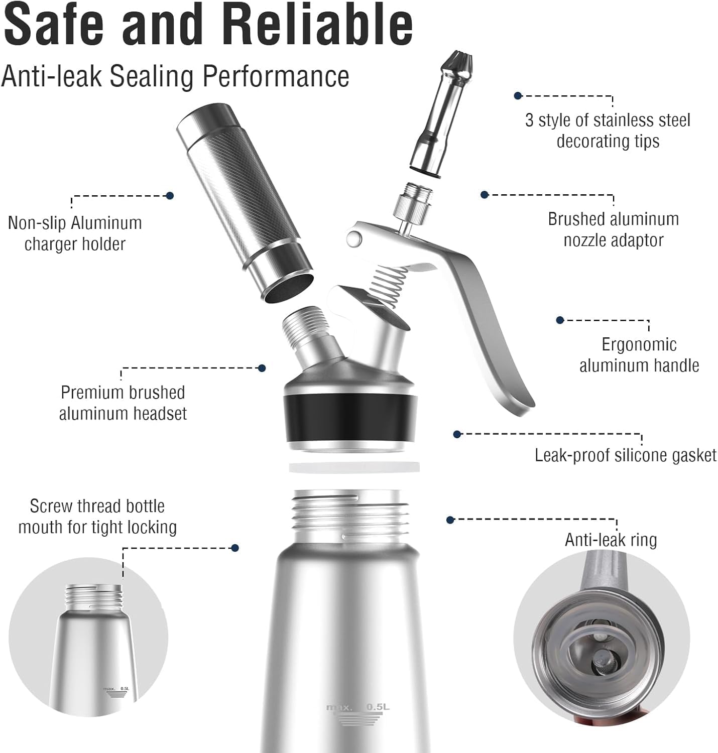 Whipped Cream Dispenser,Aluminum 500ml Whipped Cream Maker,3 Decorating Nozzles,1 Brush,1 Storage Bag,withou N2O Chargers,Sliver