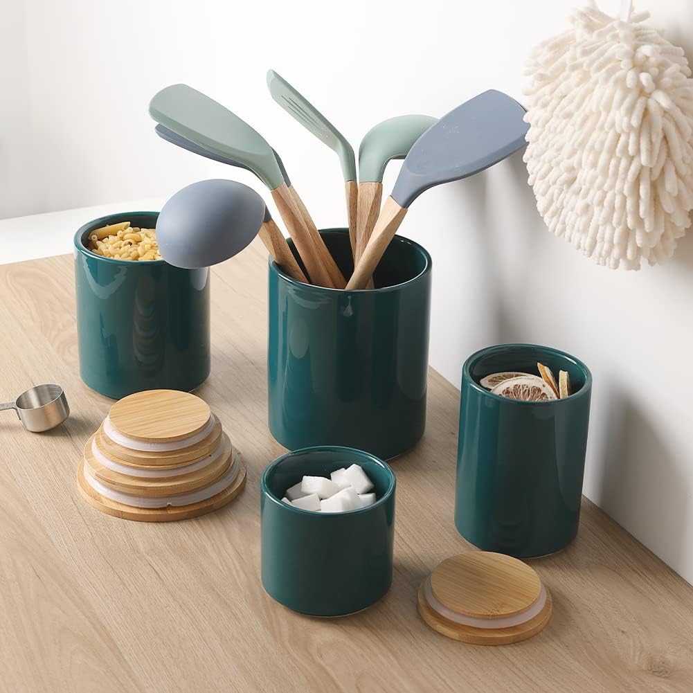 Sweejar Kitchen Canisters Ceramic Food Storage Jar Set, Stackable Containers with Airtight Seal Wooden Lid for Serving Ground Coffee, Tea, Herbs, Grains, Sugar, Salt - Set of 4 (Jade)