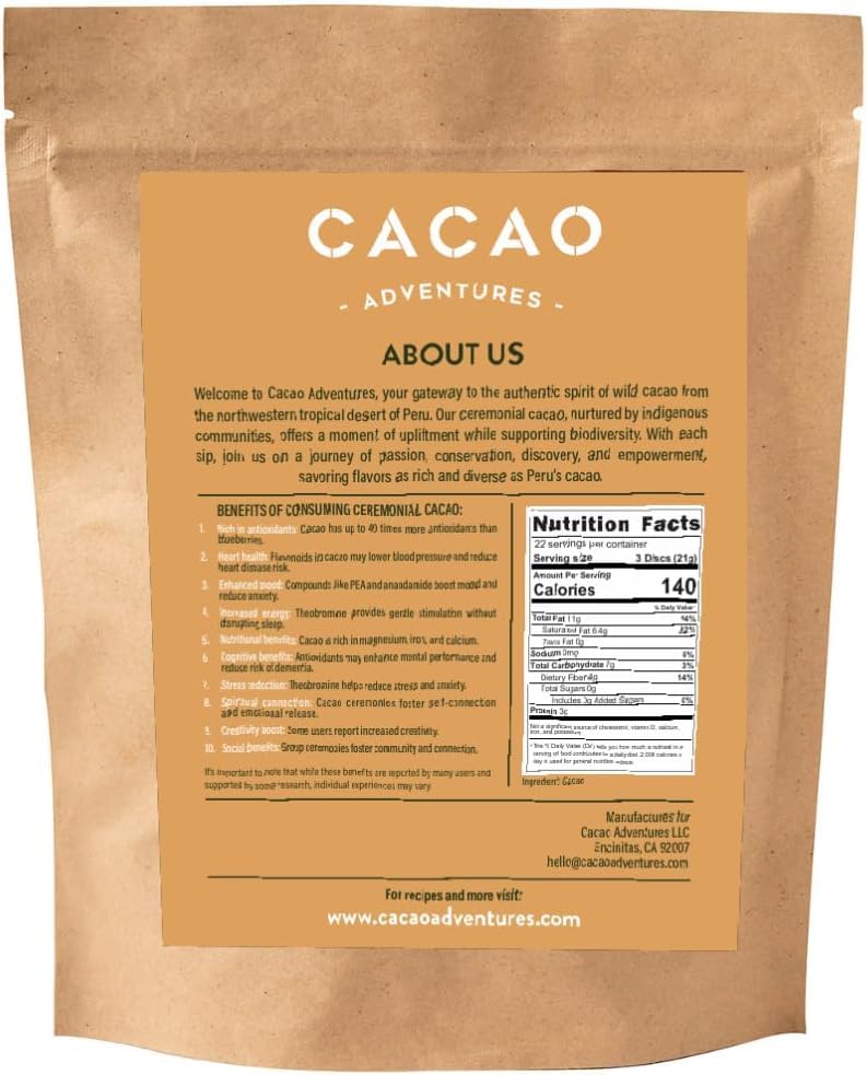 Cacao Adventures Ceremonial Cacao | Tropical Desert Peru 100% Pure Raw Cacao | Dairy Free & Vegan | Unsweetened | Ethically Sourced and Sustainably Grown | Cacao Ceremony | Piura Blanco, 8 oz