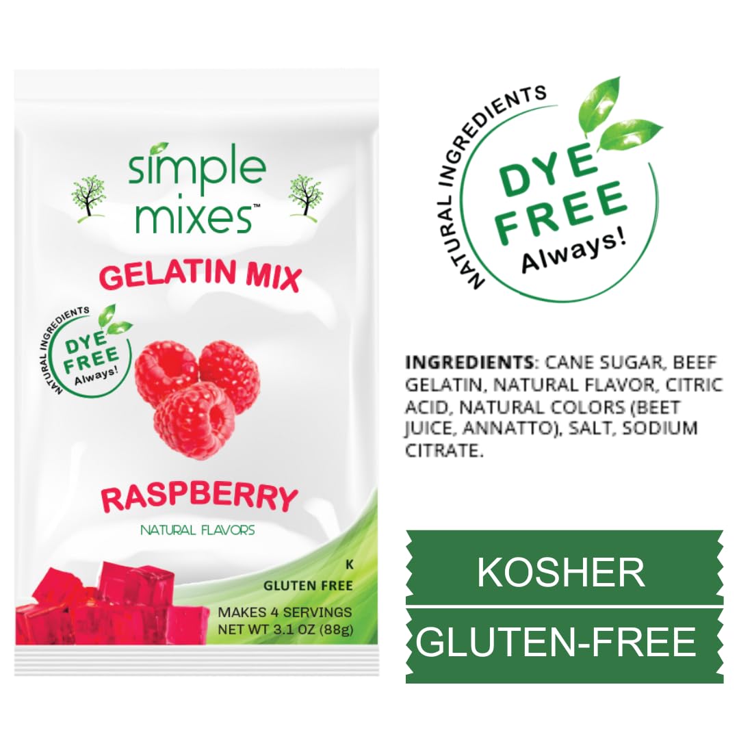 Simple Mixes Natural Gelatin Dessert, Raspberry, Healthy Snack, Dye-Free, No Gluten or Fat, Kosher, 6 Pack