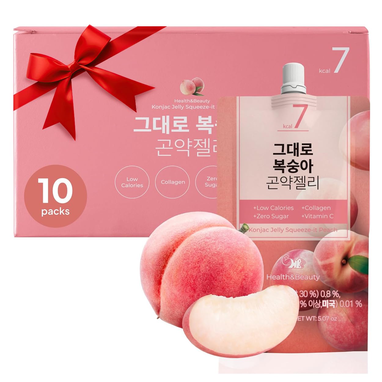 Korean Food Low Calories Squeeze Konjac Jelly, Peach Flavor, Fish Collagen, Vitamin, Zero Sugar, Chewier Texture, Health&Beauty (Net WT 5.07 oz, Pack of 10) 곤약젤리