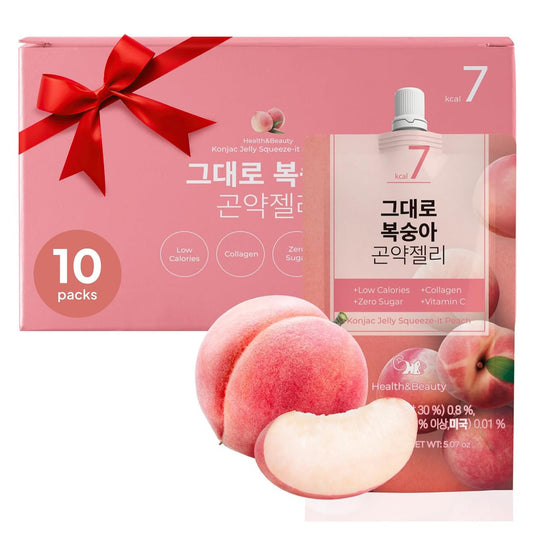 Korean Food Low Calories Squeeze Konjac Jelly, Peach Flavor, Fish Collagen, Vitamin, Zero Sugar, Chewier Texture, Health&Beauty (Net WT 5.07 oz, Pack of 10) 곤약젤리
