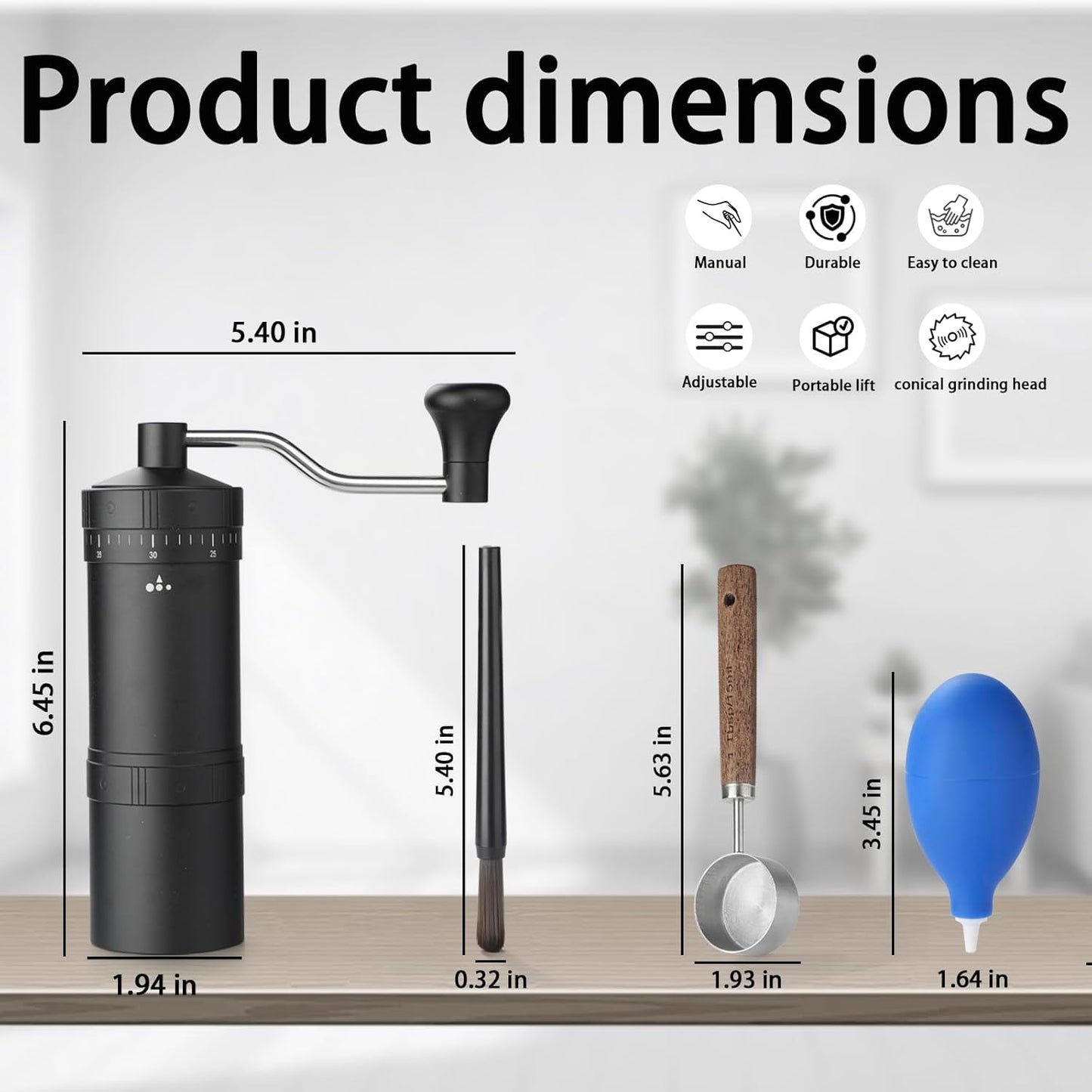 Manual Coffee Grinder with 7 Star Stainless Steel Conical Burr, Portable Coffee Grinder with External Adjustable Grind Setting (Black)