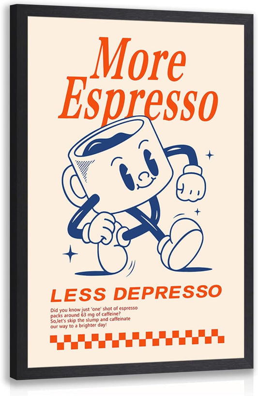 GELDSTEI Wood Framed Cute Coffee Wall Art, More Espresso Less Depresso Wall Decor, Funny Coffee Bar Aesthetic Picture, Vintage Cafe Bar Poster Print, Retro Cafe Cup Canvas Painting for Kitchen 12"x16"