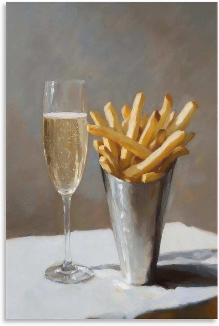 Pomme Frites And Champagne Bar Cart Canvas Printing Painting Poster Cute Quirky Whimsical Cocktail Art Bar Cart Decor French Fries Trendy Home Wall Art Decoration 08x12inch(20x30cm)