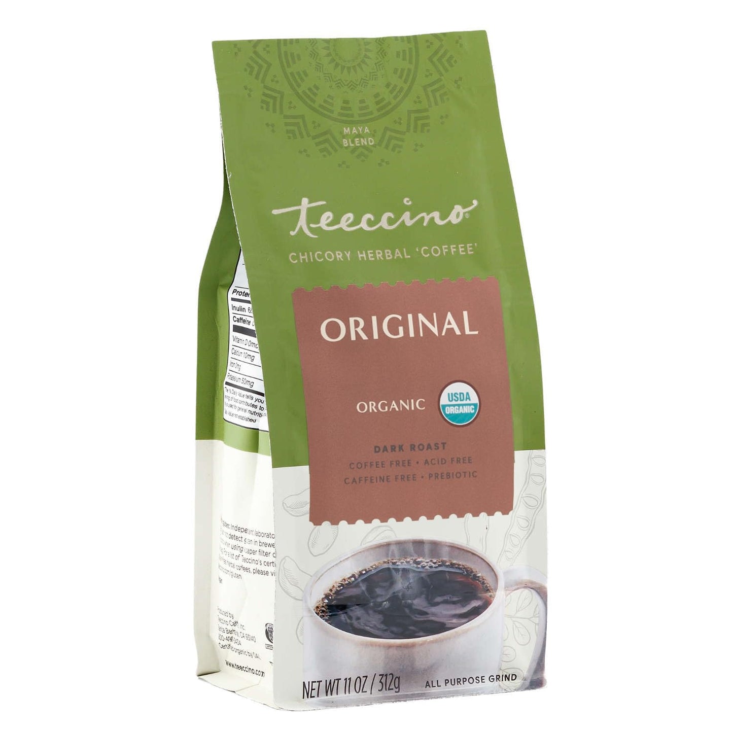 Teeccino Chicory Coffee Alternative, 11 Ounce - Original Herbal Coffee, Ground Herbal Coffee That’s Prebiotic, Caffeine-Free & Acid Free, Dark Roast