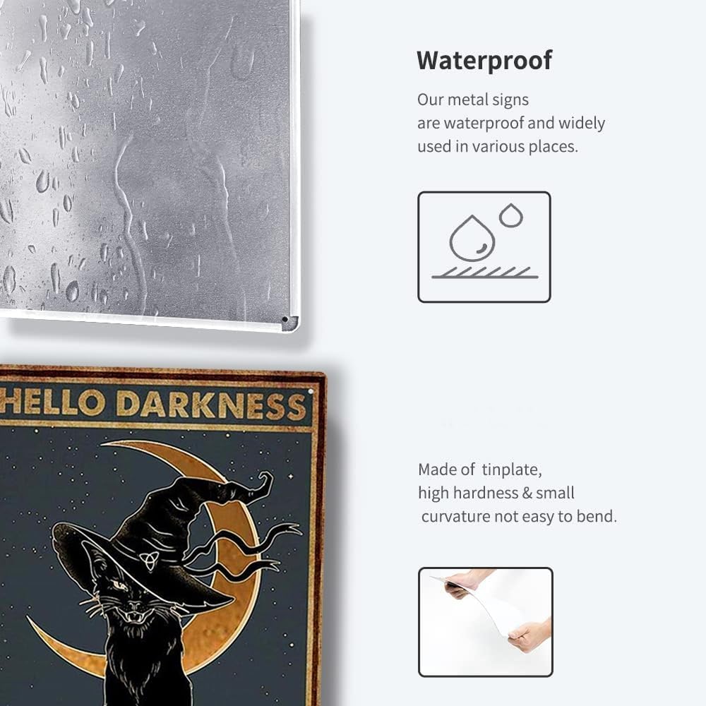 Black Cat Witch Halloween Hello Darkness My Old Friend Retro Tin Signs Vintage Wall Decoration Home Bar Kitchen Hotel Dining Room Coffee Metal Poster 8x12 Inch