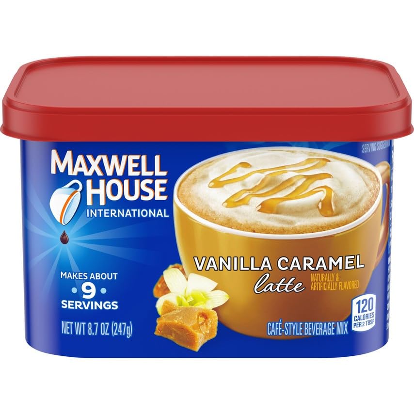 Maxwell House International Vanilla Caramel Latte Mix 8.7 Oz + Instant French Vanilla Cafe 8.4 Oz (Variety Pack)