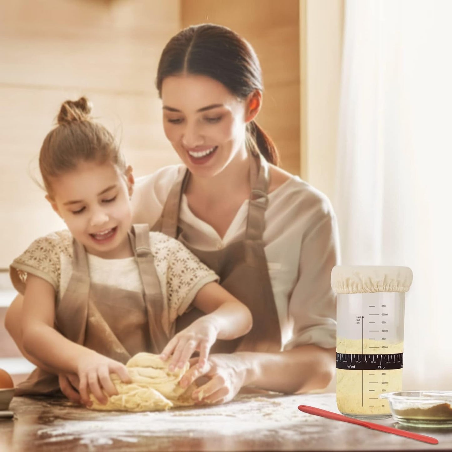 Sourdough Starter Jar Kit, 650ml Sourdough Starter Jar With Thermometer, Silicone Scraper, Cloth Cover And Aluminum Lid. Reusable Sour Dough Starter Jar