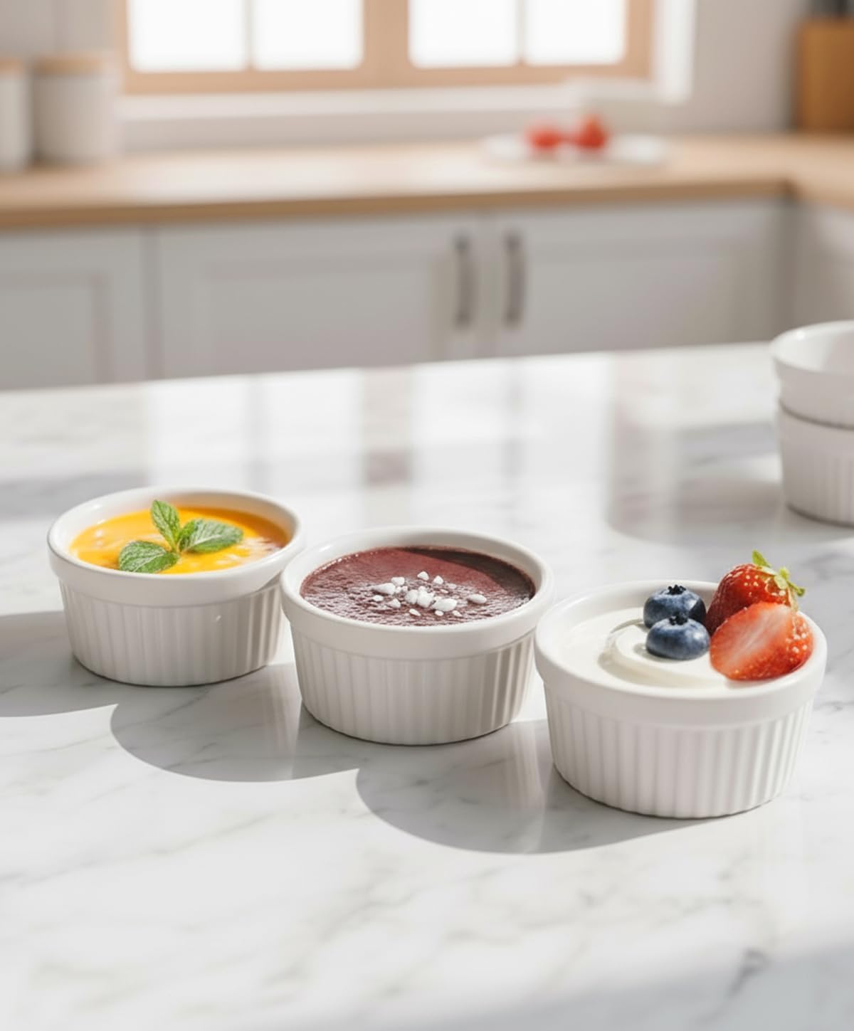 10 oz Ceramic Creme Brulee Ramekins Oven Safe, Small Souffle Ramekins with Lids, Mini Ramekin Set with Covers Set of 4, Pudding Custard Cups Ramiken for Baking, Meal Prep, Picnic, Camping