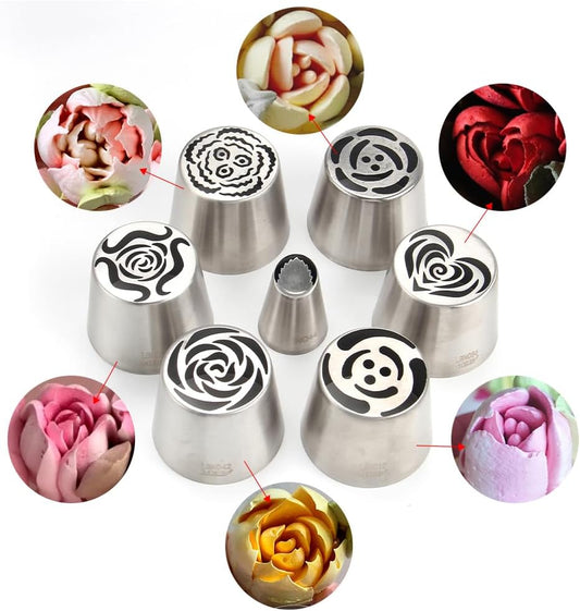 6 Pieces Extra Large Stainless Steel Russian Tulip Marshmallow Icing Tips Kit, Cupcake Dessert Piping Nozzles Set,1 Small Size Russian Icing Tip for Cake Decorations,Pastry Baking Tools