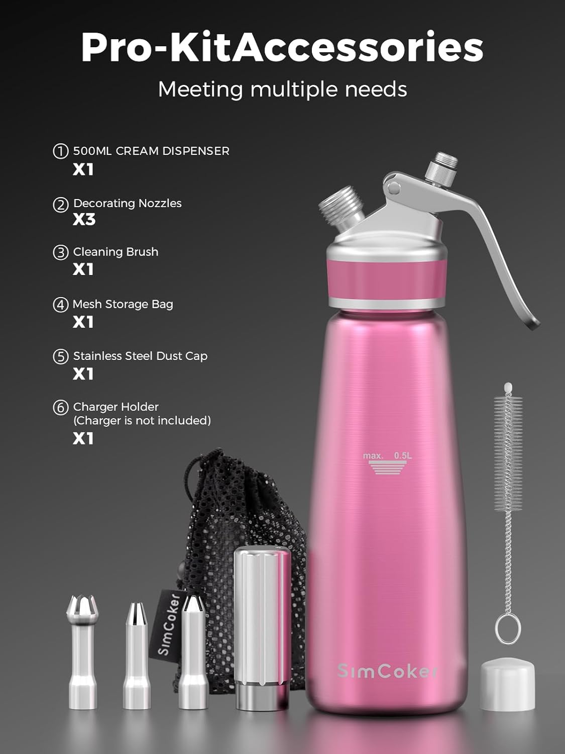 Whipped Cream Dispenser,Aluminum Cream Whipper 500mL/1 Pint,3 Decorating Nozzles,1 Brush, 1 Storage Bag,Homemade Whipped Cream Maker,Pink