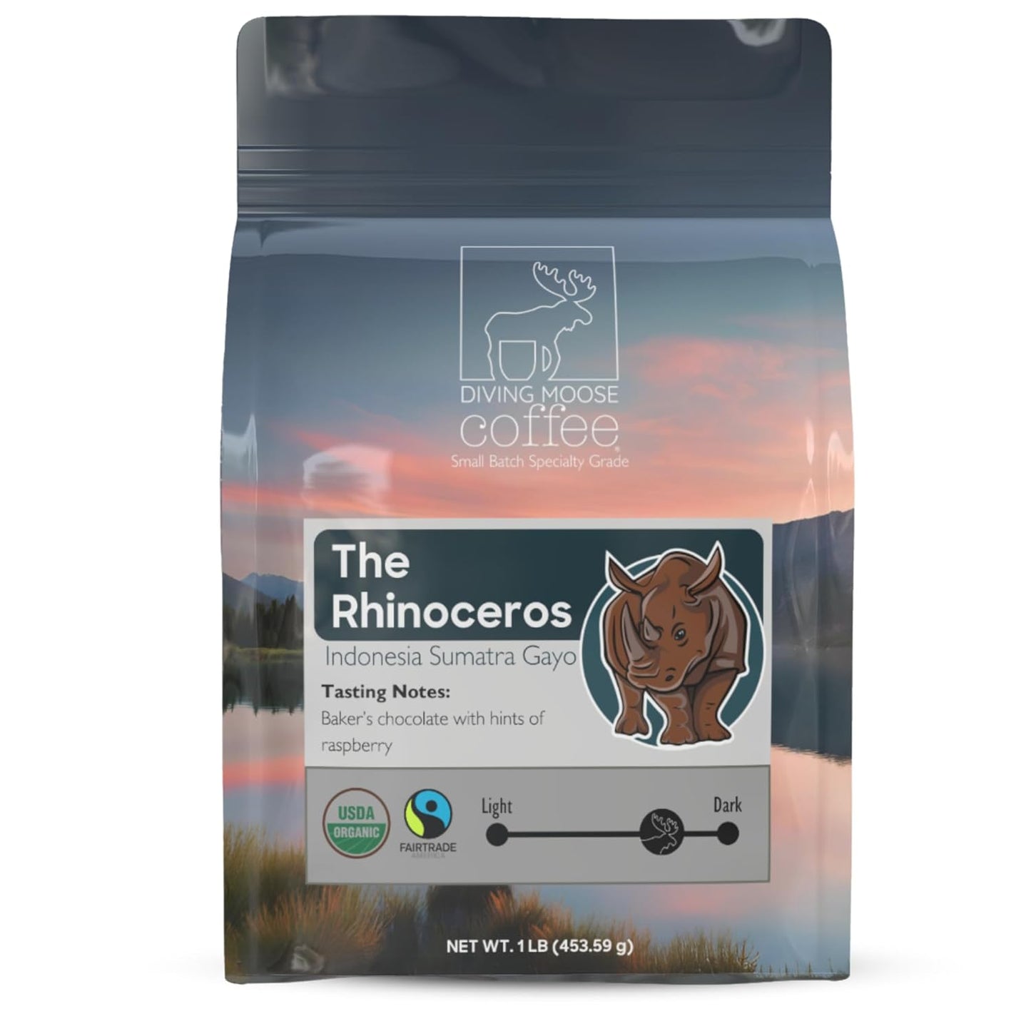 Diving Moose Coffee - The Rhinoceros Sumatra Gayo USDA Organic Medium Dark Roast (16oz / 1 LB) - Bakers Chocolate Raspberry Specialty Grade 100% Arabica Small-Batch Roasted to Order Smooth Not Bitter