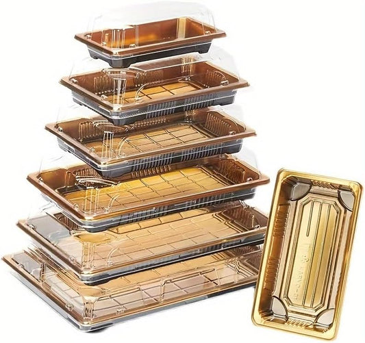 10 Pack Gold Rectangular Sushi Containers with Clear Lids – Disposable Plastic Food Boxes for Party, Takeout & Catering – Elegant, Stackable Trays for Sushi, Snacks & Desserts(Model No.1105)