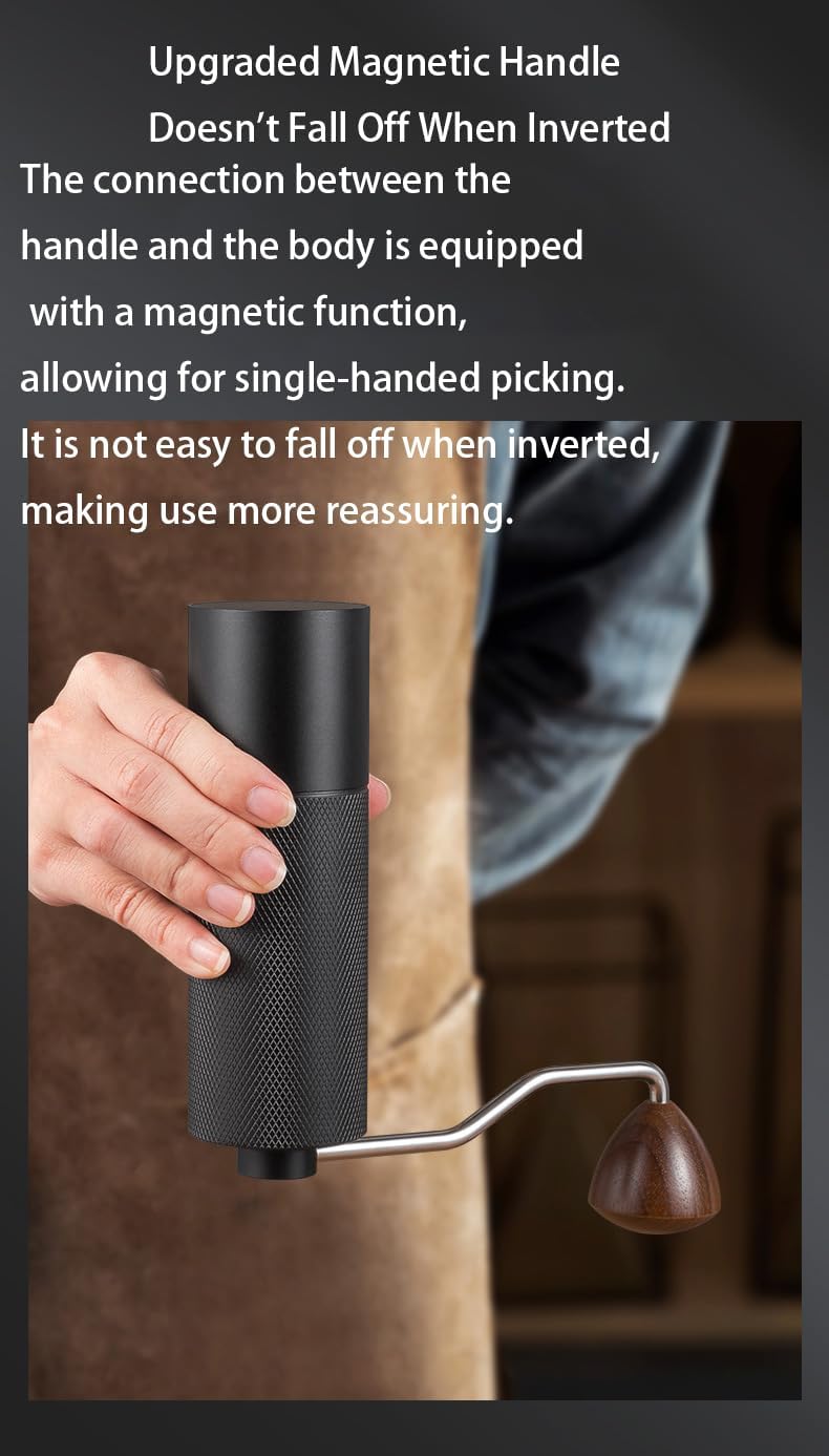 Premium Manual Coffee Grinder, Black Textured Body with Wooden Handle, Stainless Steel Burr, 17.5cm Height, 5cm Width (Black)