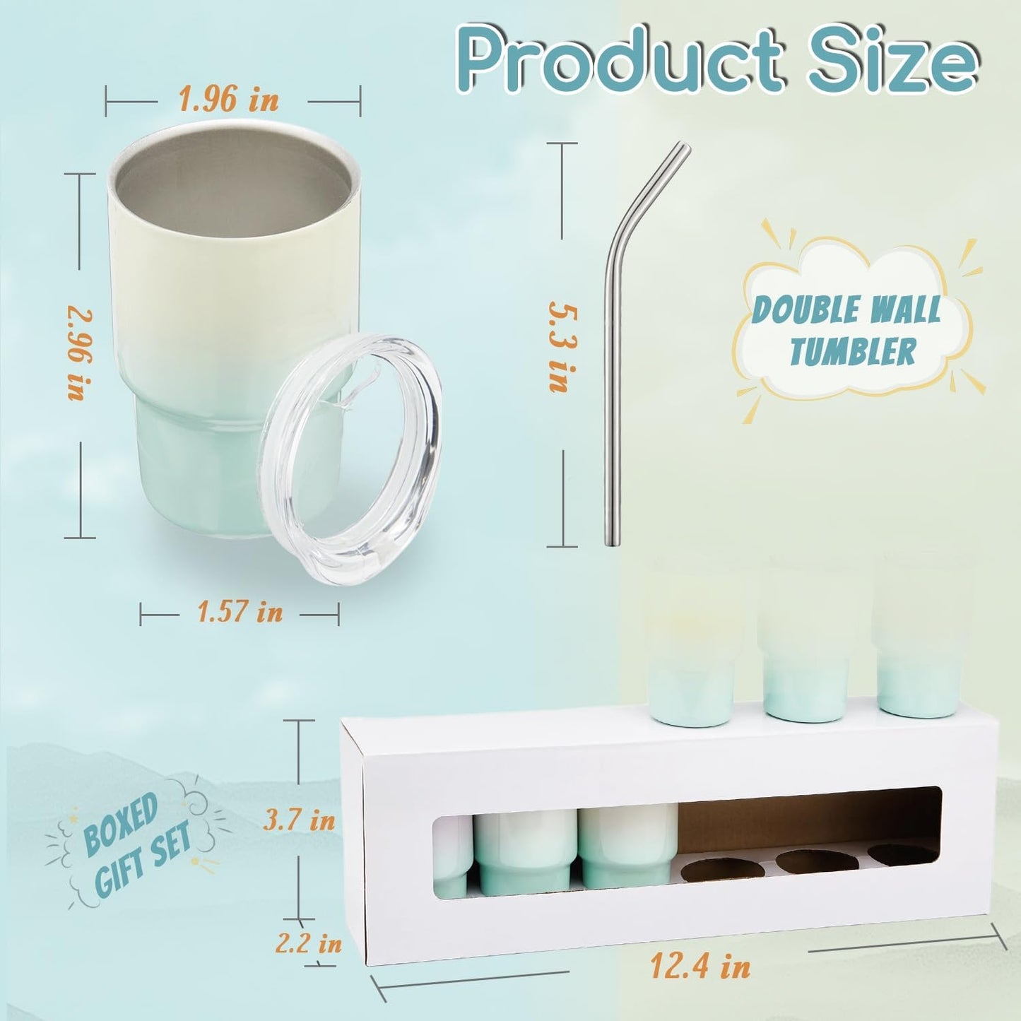 6 Pack 3 oz Sublimation Mini Tumbler Shot Glass with Straw and Lid, Gradient Color Insulated Stainless Steel Mini Tumblers Cups for Beach Birthday Wedding Parties, DIY Customizable Party Gift