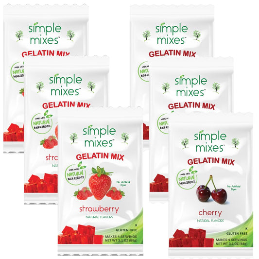 Simple Mixes Natural Gelatin Variety Pack, 3 Each: Strawberry & Cherry, Healthy Snack, Dye-Free, No Gluten or Fat, Kosher, 6 Pack