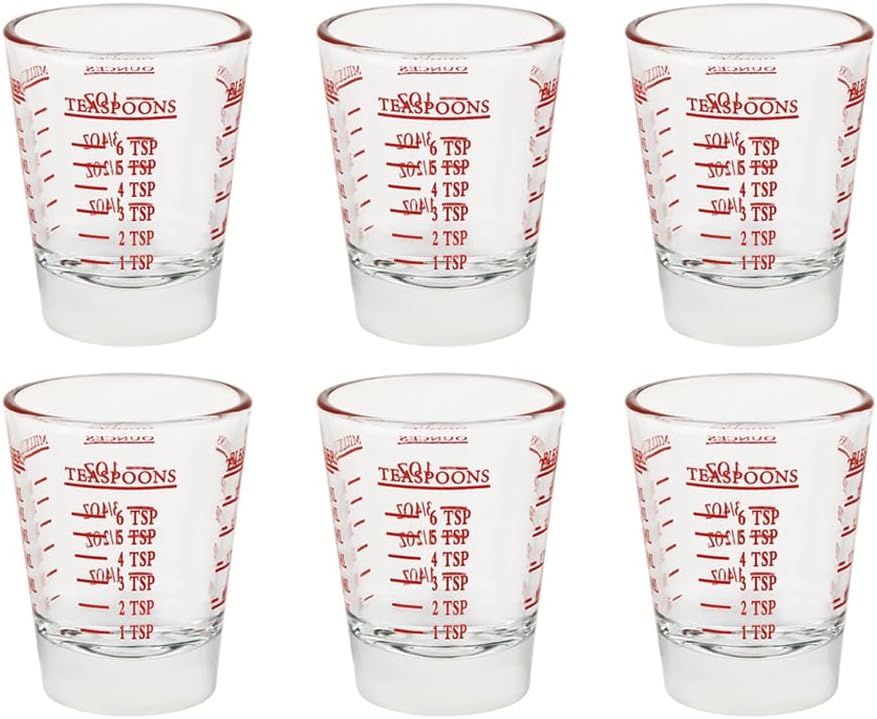 Set of 6 Red Shot Glasses - Heavy Glass, Perfect for Measuring Espresso, Wine, and More 26-Incremental Measurement 1oz, 6 Tsp, 2 Tbs, 30ml (6, Red)