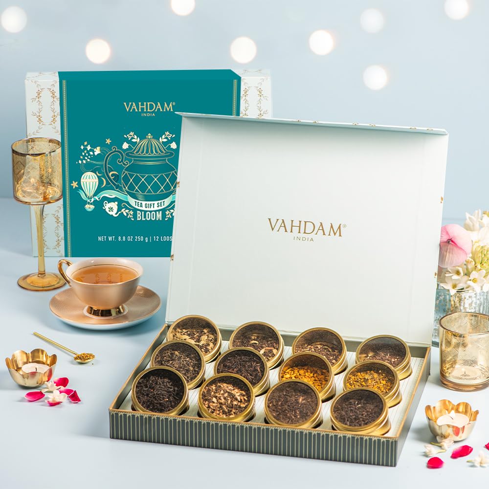 VAHDAM, Bloom - Assorted Christmas Tea Gift Sets (12 Loose Leaf Tea) Tin Caddy Presentation Box | Gluten Free, Non GMO | Holiday Gifts for Everyone