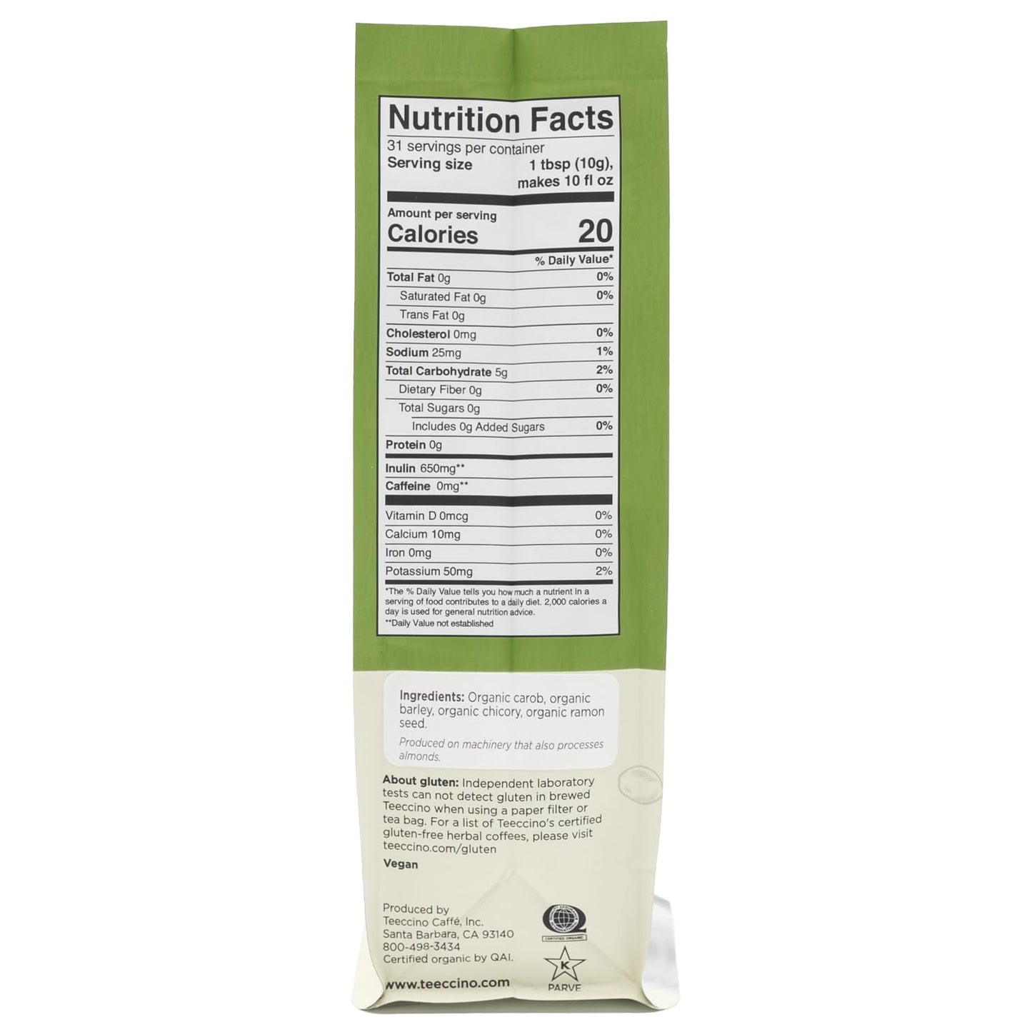 Teeccino Chicory Coffee Alternative, 11 Ounce - Original Herbal Coffee, Ground Herbal Coffee That’s Prebiotic, Caffeine-Free & Acid Free, Dark Roast