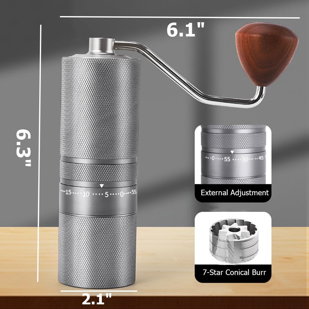 Manual Portable Coffee Grinder with 7 Star Conical Burr, 60 Clicks External Adjustment Full-Metal Coffee Grinder for Coffee Bean Grinder for Espresso, French Press, Travel, Camping, Home & Office Use