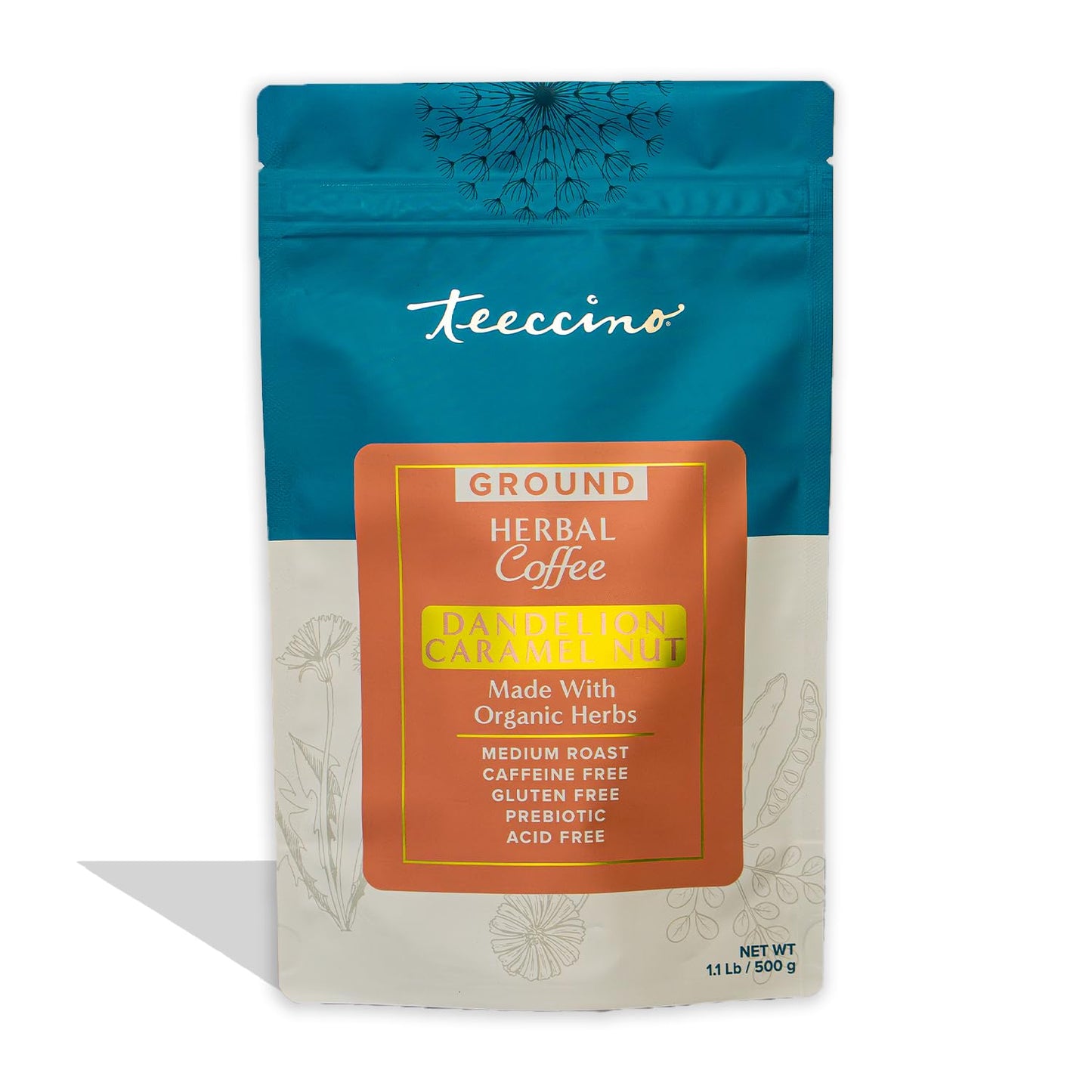 Teeccino Dandelion Caramel Nut Herbal Coffee, 1.1 Pound - Caffeine-Free Coffee Alternative with Prebiotics, Gluten Free, Acid Free - Medium Roast