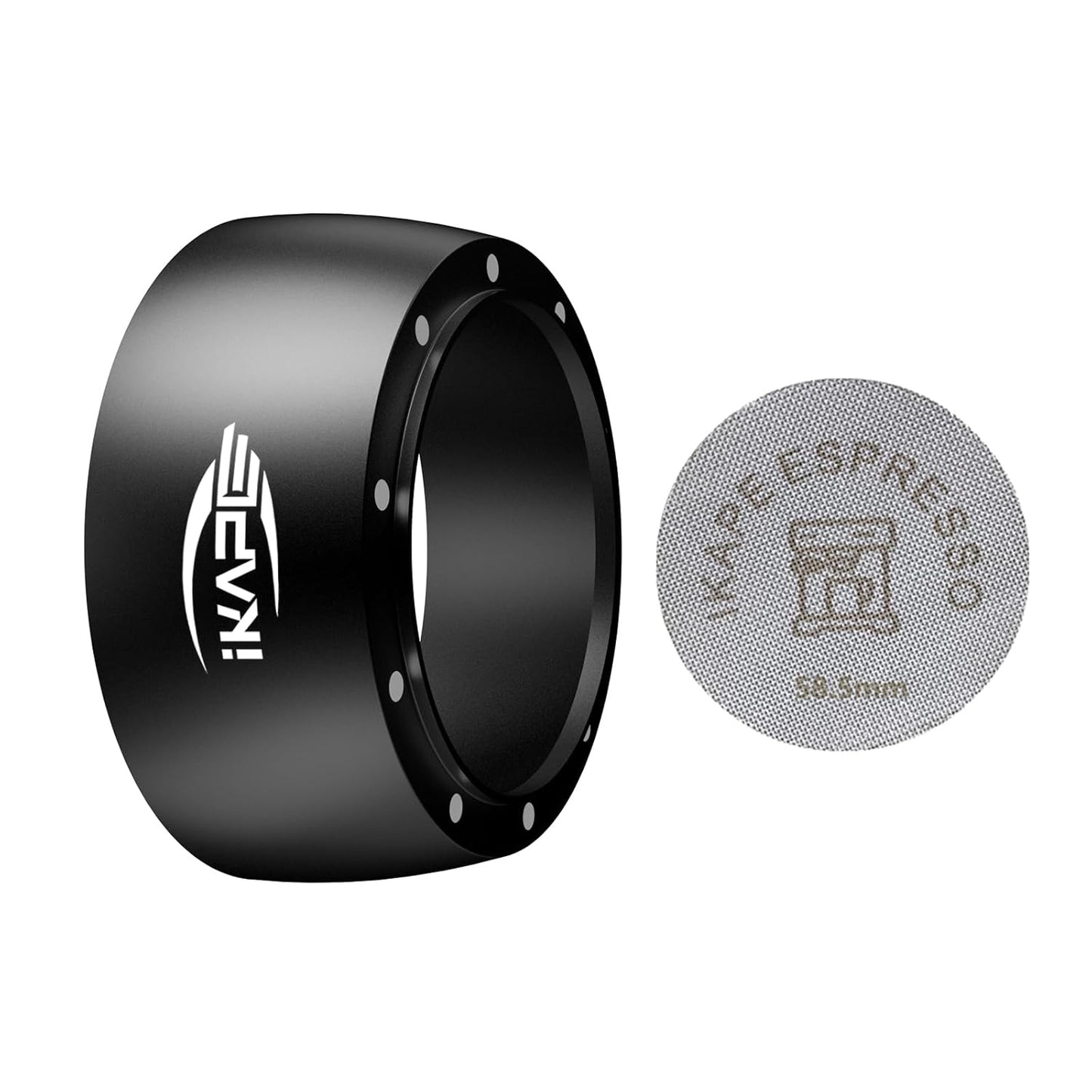 IKAPE Magnetic Dosing Funnel Set, 58MM Espresso Dosing Ring & Puck Screen Kit Compatible with 58 mm Bottomless Portafilter - with 10 Small Magnet (Black)
