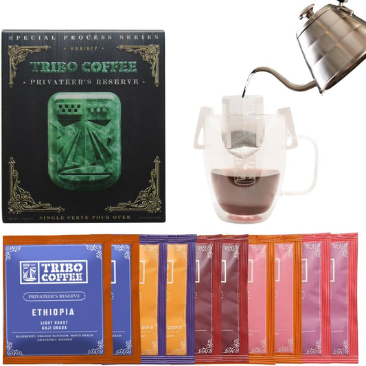 Tribo Coffee Single-Serve Portable Pour Over Drip Coffee - Privateer's Reserve Variety - 10 Servings (Light - Medium Roast)