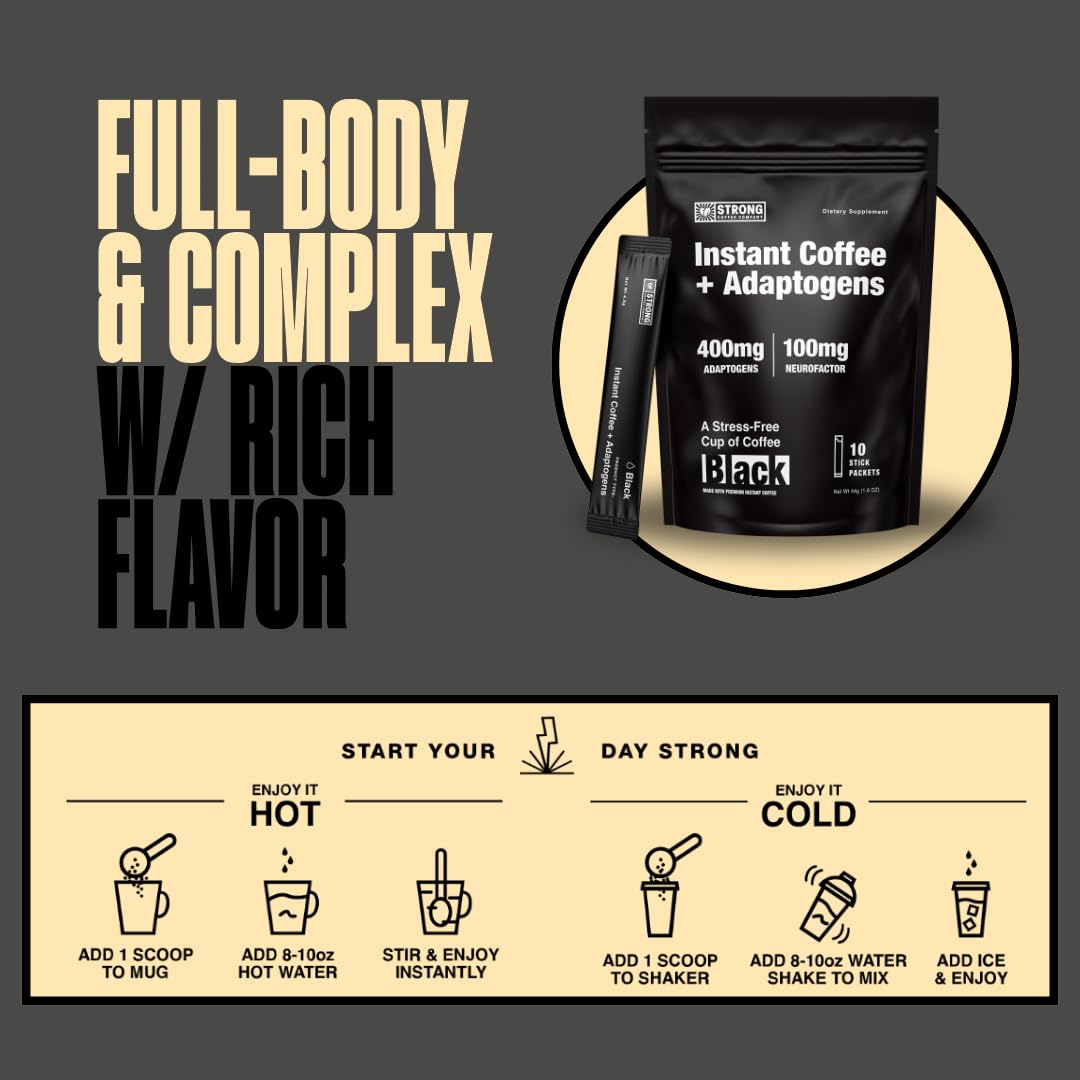STRONG COFFEE COMPANY, ORGANIC INSTANT BLACK COFFEE – Individual Servings, Extreme Focus, Adaptogen with L-Theanine & Ashwagandha, No Jitters, No Crash (10 Packets)