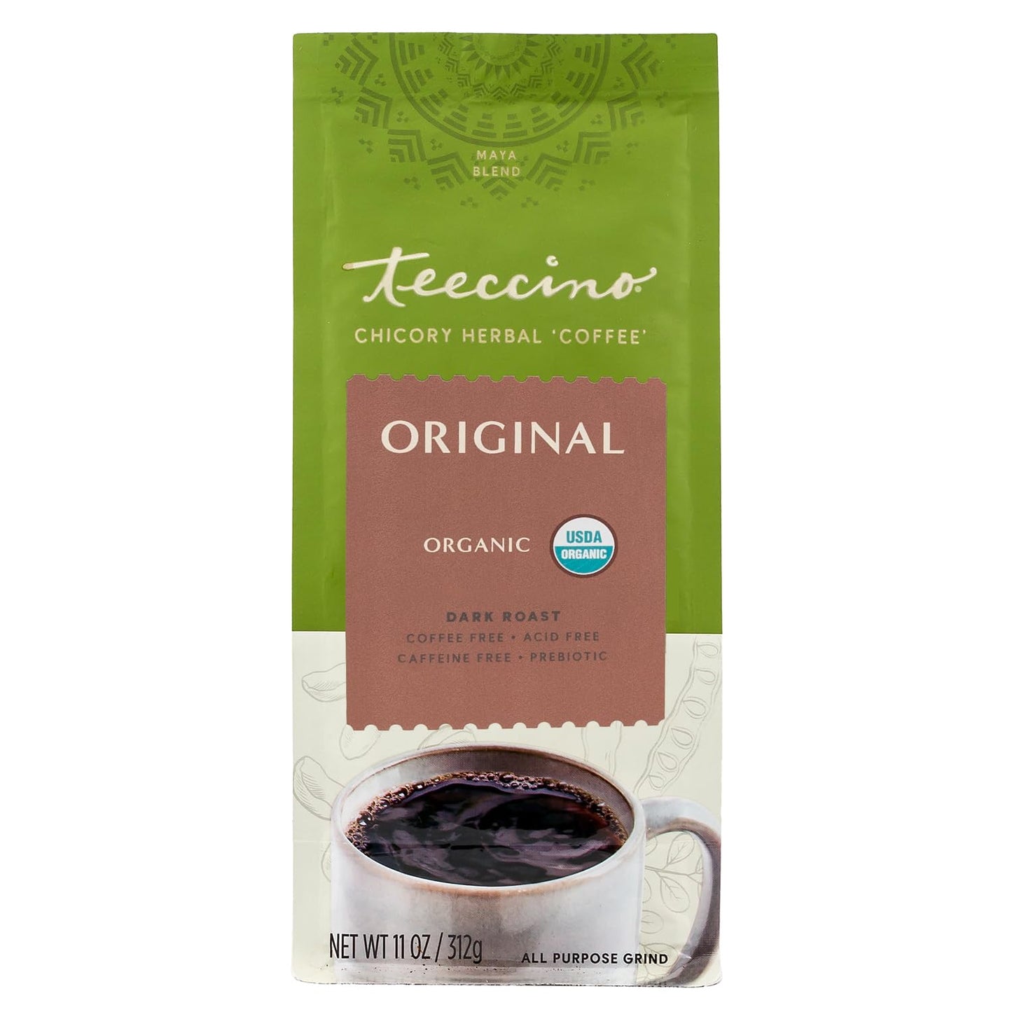 Teeccino Chicory Coffee Alternative, 11 Ounce - Original Herbal Coffee, Ground Herbal Coffee That’s Prebiotic, Caffeine-Free & Acid Free, Dark Roast