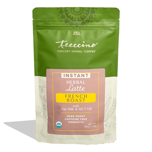 Teeccino Organic Instant French Roast Herbal Latte – 14 Servings – Creamy Oat & Coconut Latte Plus MCT Oil with a Bold, Coffee-Like Blend of Roasted Chicory & Ramón Seeds – Prebiotic, Caffeine-Free – 7.9 ounces