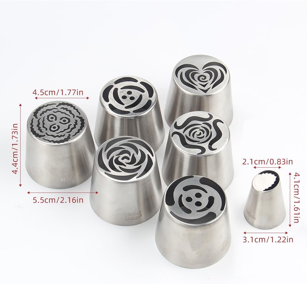 6 Pieces Extra Large Stainless Steel Russian Tulip Marshmallow Icing Tips Kit, Cupcake Dessert Piping Nozzles Set,1 Small Size Russian Icing Tip for Cake Decorations,Pastry Baking Tools