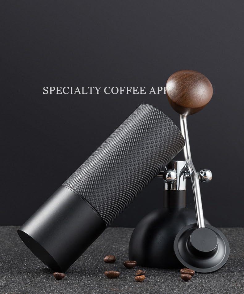 Premium Manual Coffee Grinder, Black Textured Body with Wooden Handle, Stainless Steel Burr, 17.5cm Height, 5cm Width (Black)