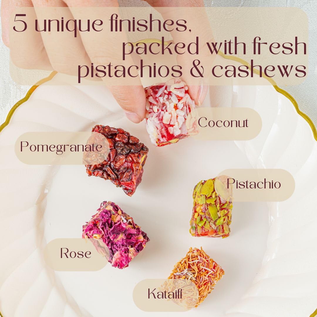 Zaitoune Turkish Delight Mix - 22 oz | Luxury Coatings of Pomegranate, Pistachio, Coconut, Kataifi & Rose | Authentic Lokum Sweet Assortment in a Beautiful Gift Tin | Handmade & Individually Wrapped