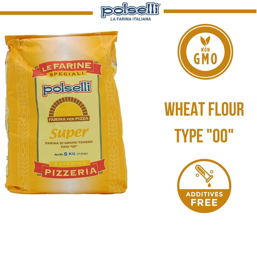Super, Tipo 00, Double Zero, Type OO, Roman Style Pizza Flour for In Teglia, al Tagio, Pinsa, Pala, W 300+ Formulated for a long 72+ hour fermintation and rise, (5 kg) 11 lbs, Polselli