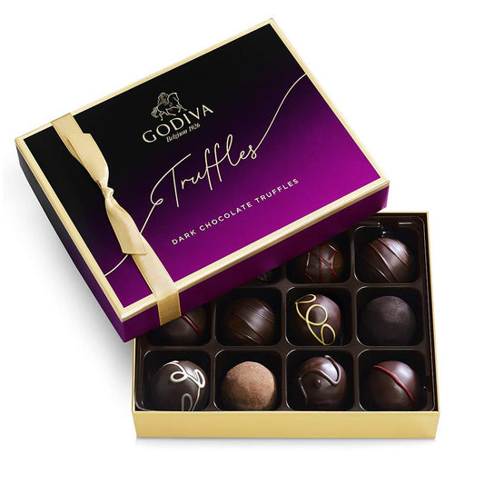 Godiva Chocolatier Assorted Dark Chocolate Truffle Gift Box for Birthday, Thank You, Anniversary, Congratulations Gift Basket Gourmet Candy with Creamy Ganache in Dark Chocolate, 12pc