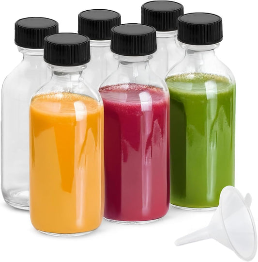 6Pack 2oz Glass Shot Bottles with Caps and Funnels, Boston Round Glass Bottles, Leakage-Proof Ginger Shots Bottles, Wellness Shot Glass Bottles, Suitable for DIY Essential Oils, Juice, Whiskey