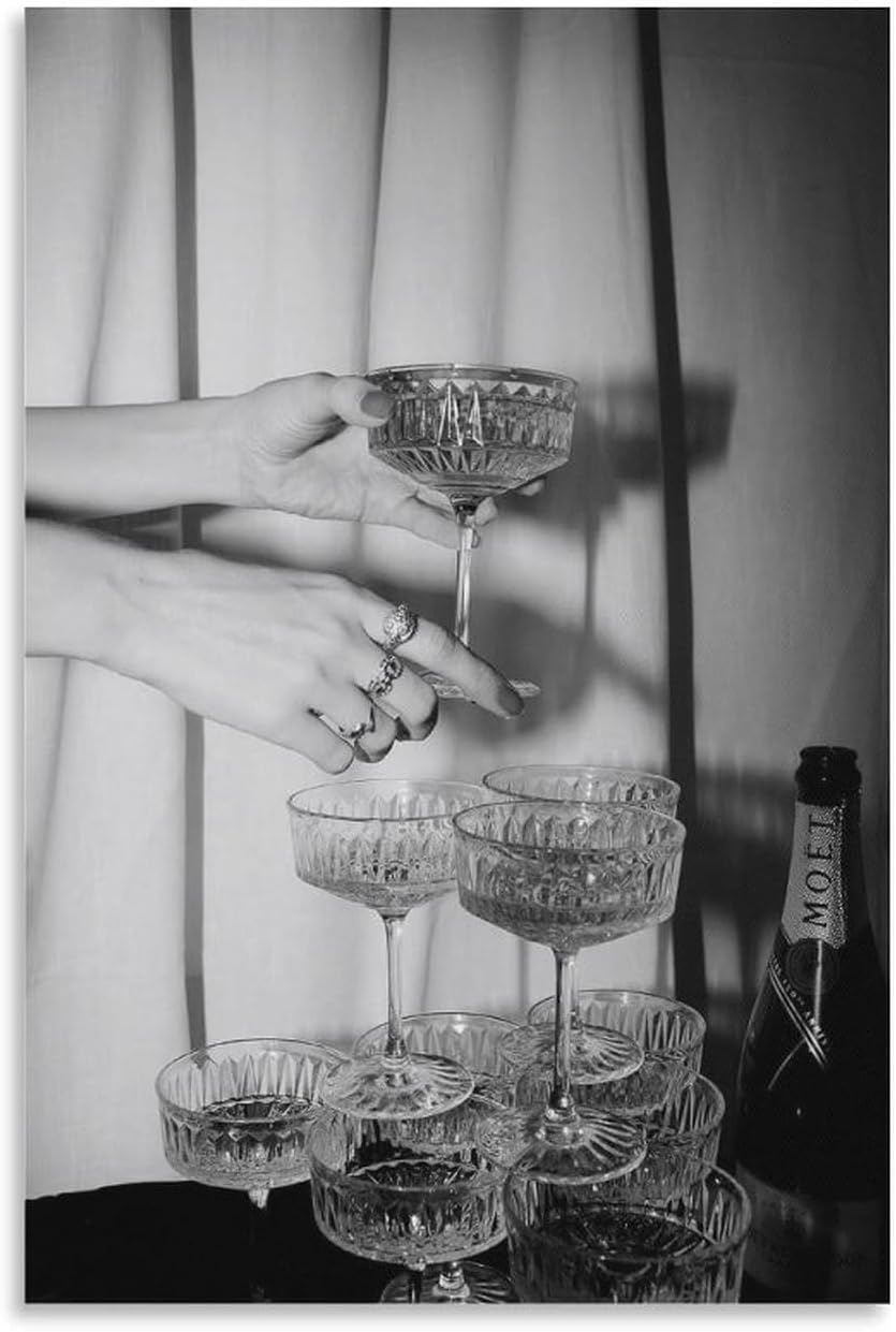 Black And White Champagne Glasses Canvas Wall Art Retro Funky Bar Cart Art Decor Retro Champagne Tower Poster Vintage Photography Wall Art Kitchen Dining Room Pub Prints 16x24inch(40x60cm)