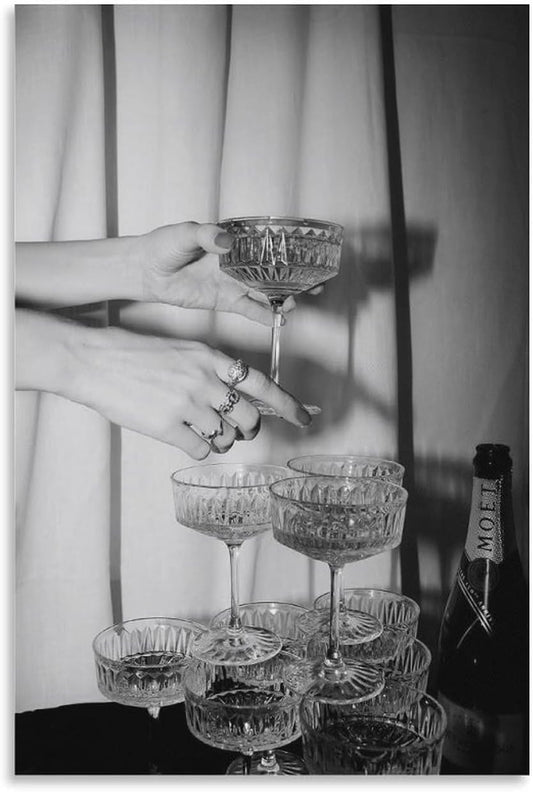 Black And White Champagne Glasses Canvas Wall Art Retro Funky Bar Cart Art Decor Retro Champagne Tower Poster Vintage Photography Wall Art Kitchen Dining Room Pub Prints 16x24inch(40x60cm)