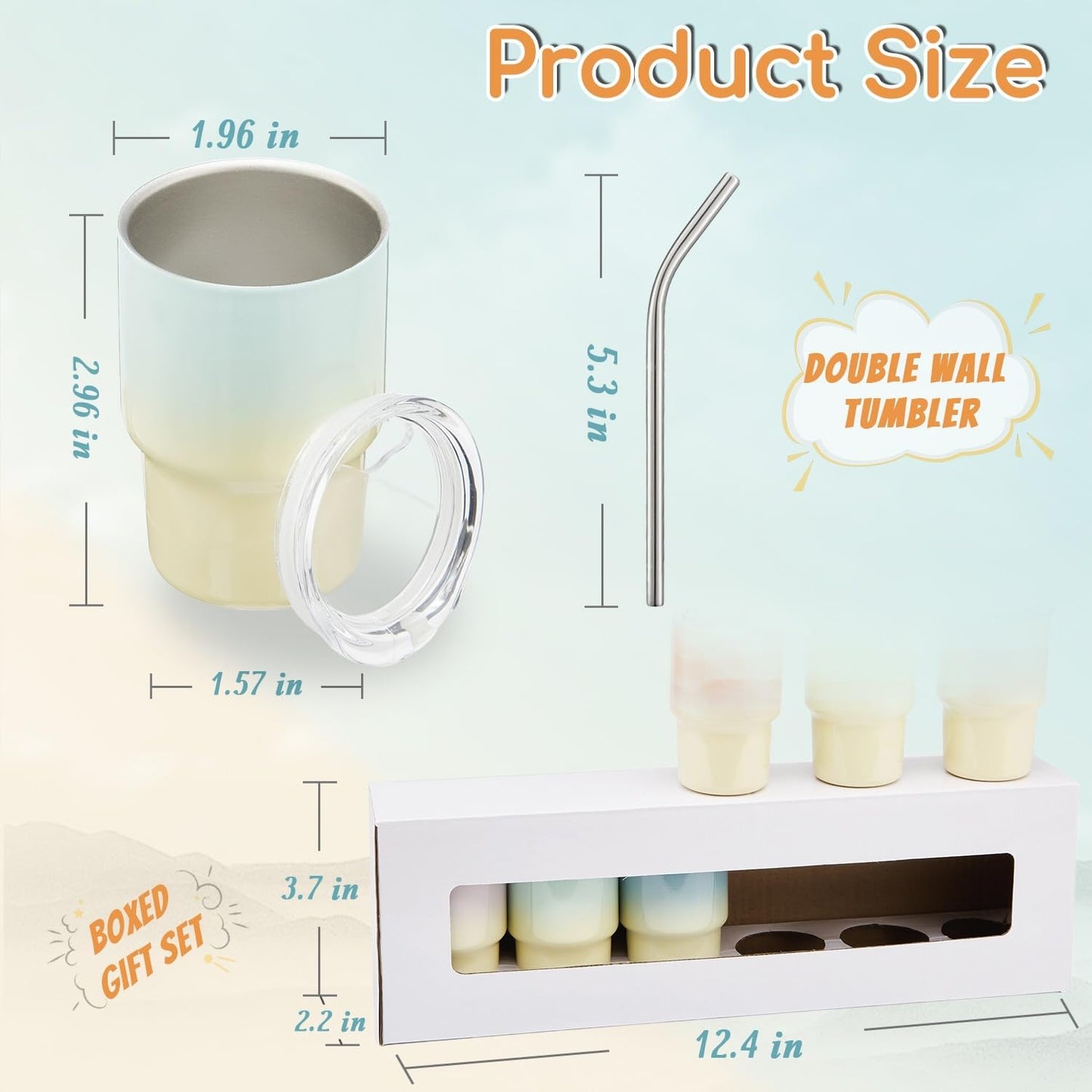 6 Pack 3 oz Sublimation Mini Tumbler Shot Glass with Straw and Lid, Gradient Color Insulated Stainless Steel Mini Tumblers Cups for Beach Birthday Wedding Parties, DIY Customizable Party Gift